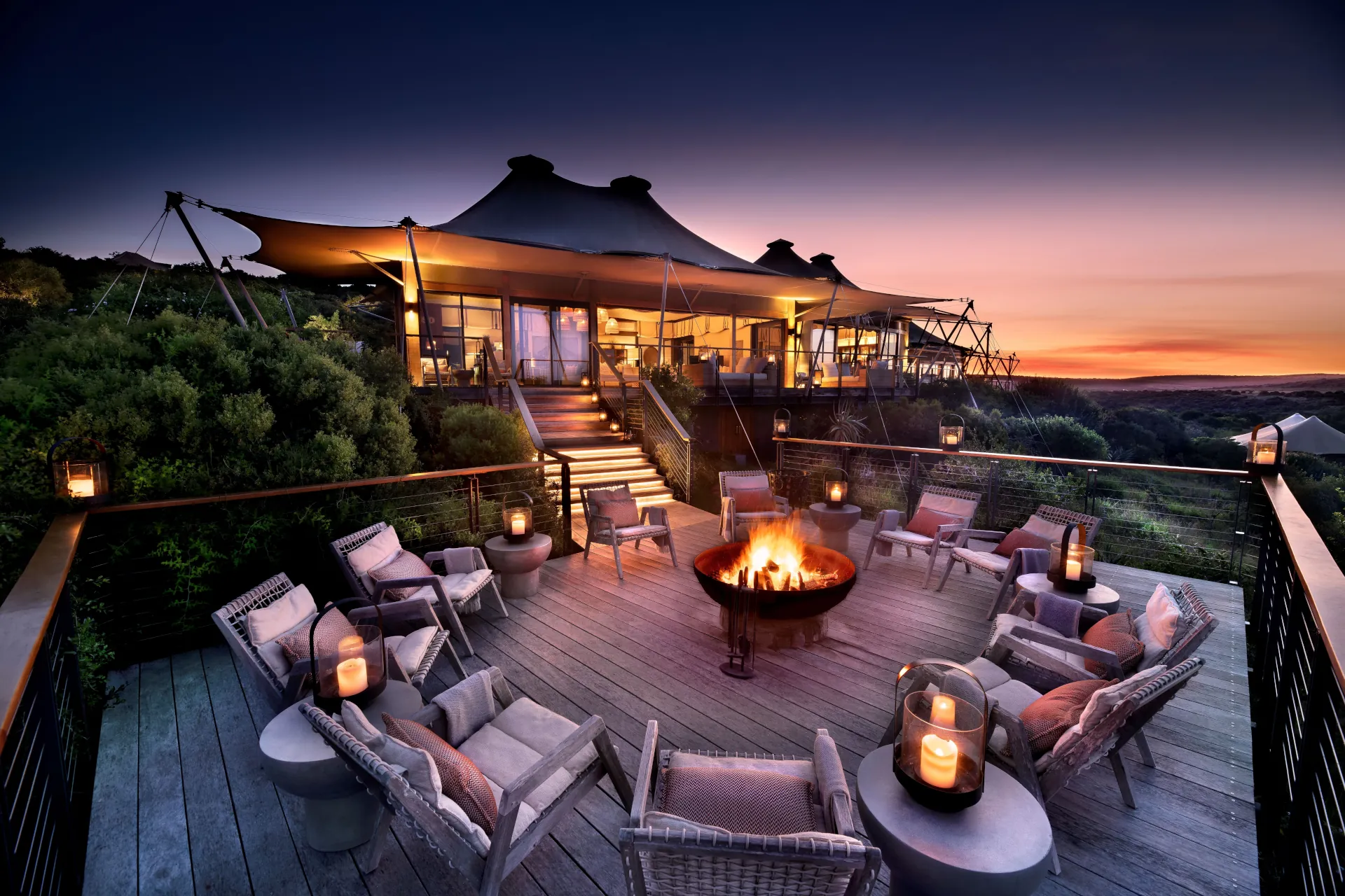 Luxury safari lodge deck at sunset
