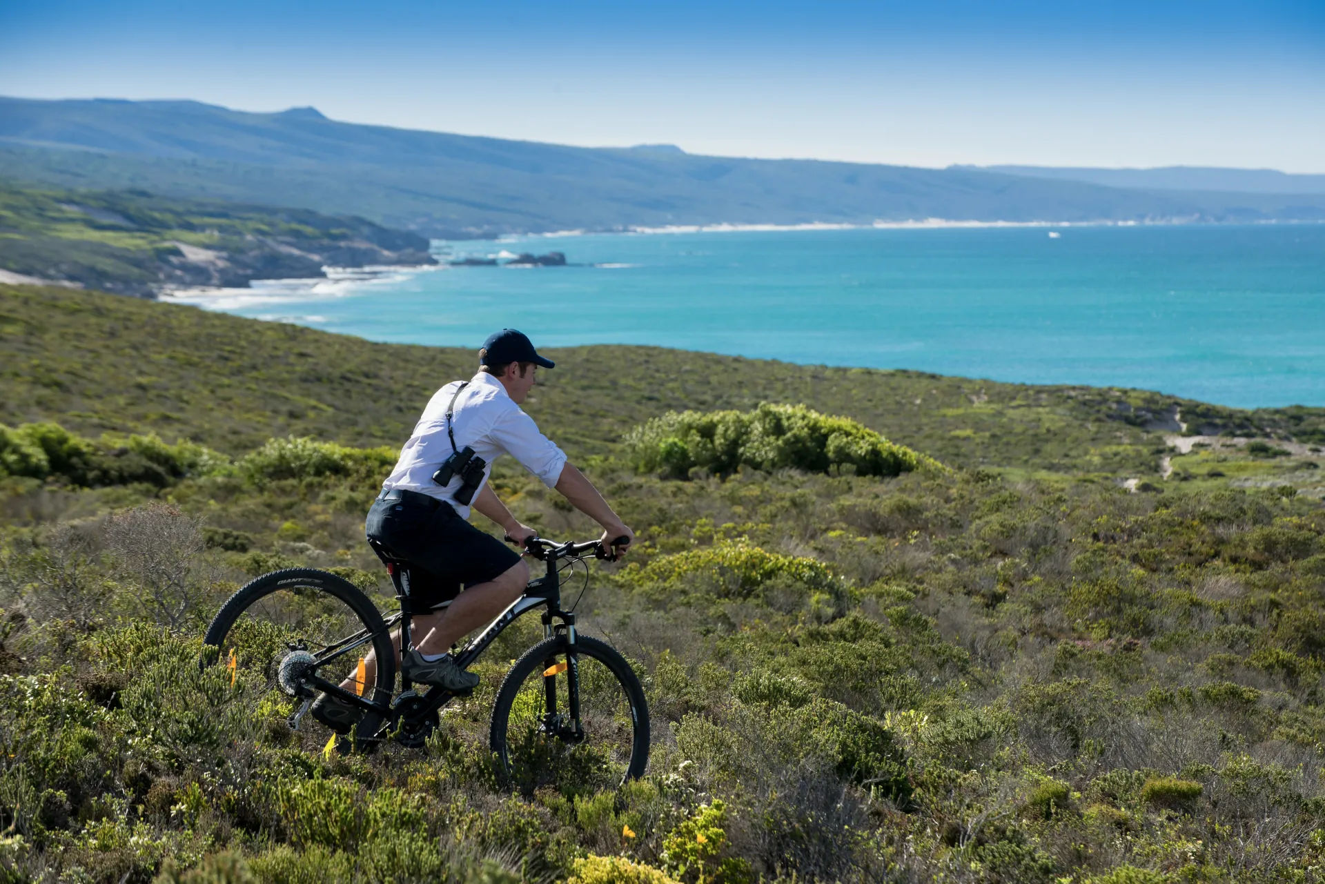 Cyclist riding through De Hoop Nature Reserve above the coast